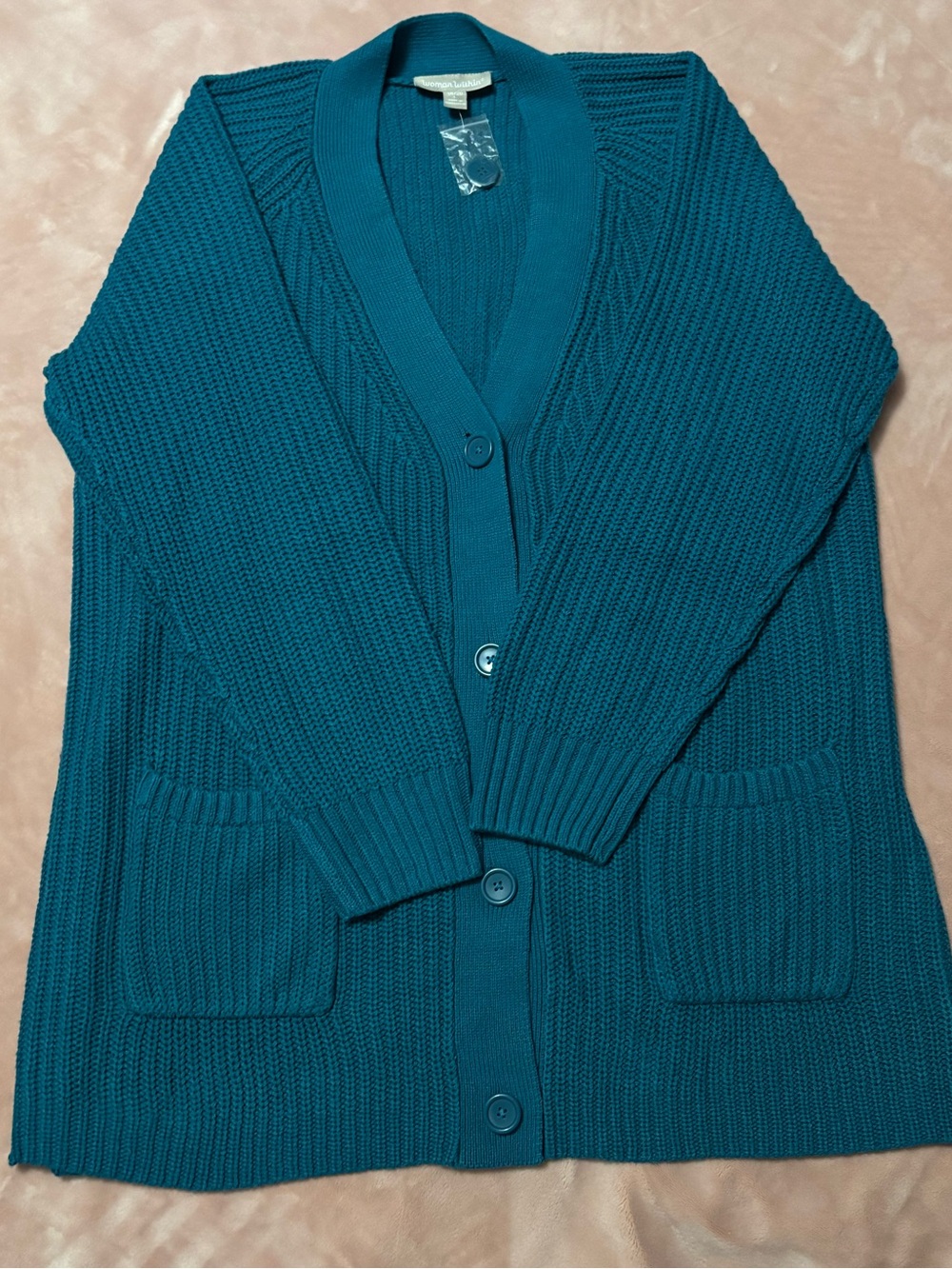 Woman Within teal button-down cardigan sweater